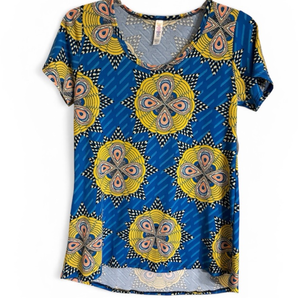 LULAROE Ladies Blue & Yellow Geometric Short Sleeve “Classic T” Size XXS